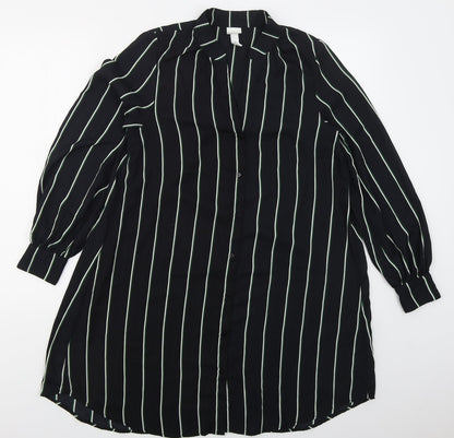 H&M Womens Black Striped Polyester Shirt Dress  Size 6  V-Neck Button