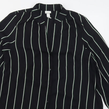 H&M Womens Black Striped Polyester Shirt Dress  Size 6  V-Neck Button