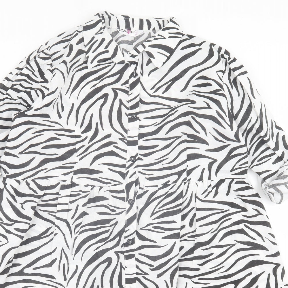 cave Womens White Animal Print Polyester A-Line  Size 12  Collared Button