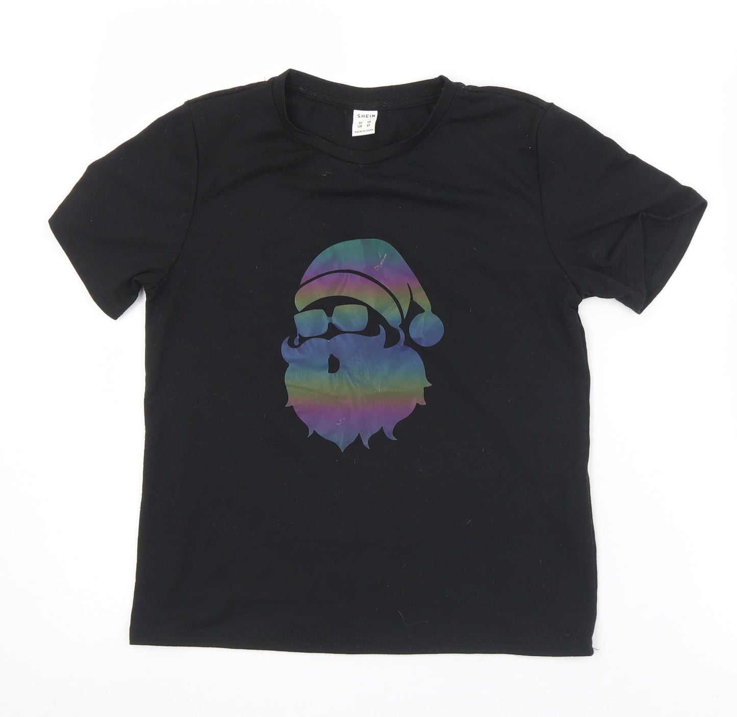 SheIn Girls Black  Polyester Basic T-Shirt Size 8 Years Crew Neck  - Christmas