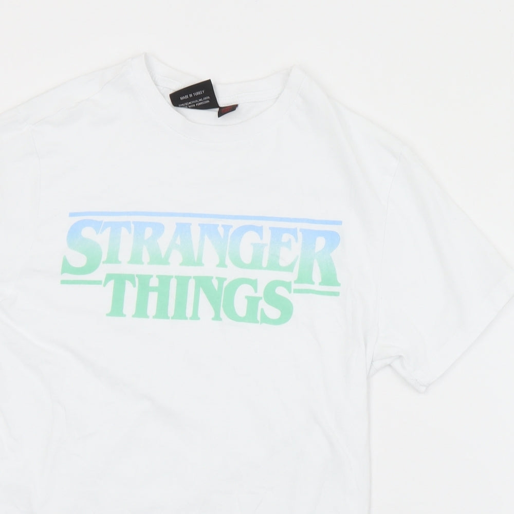 Primark Womens White  Cotton Basic T-Shirt Size S Crew Neck - Stranger Things