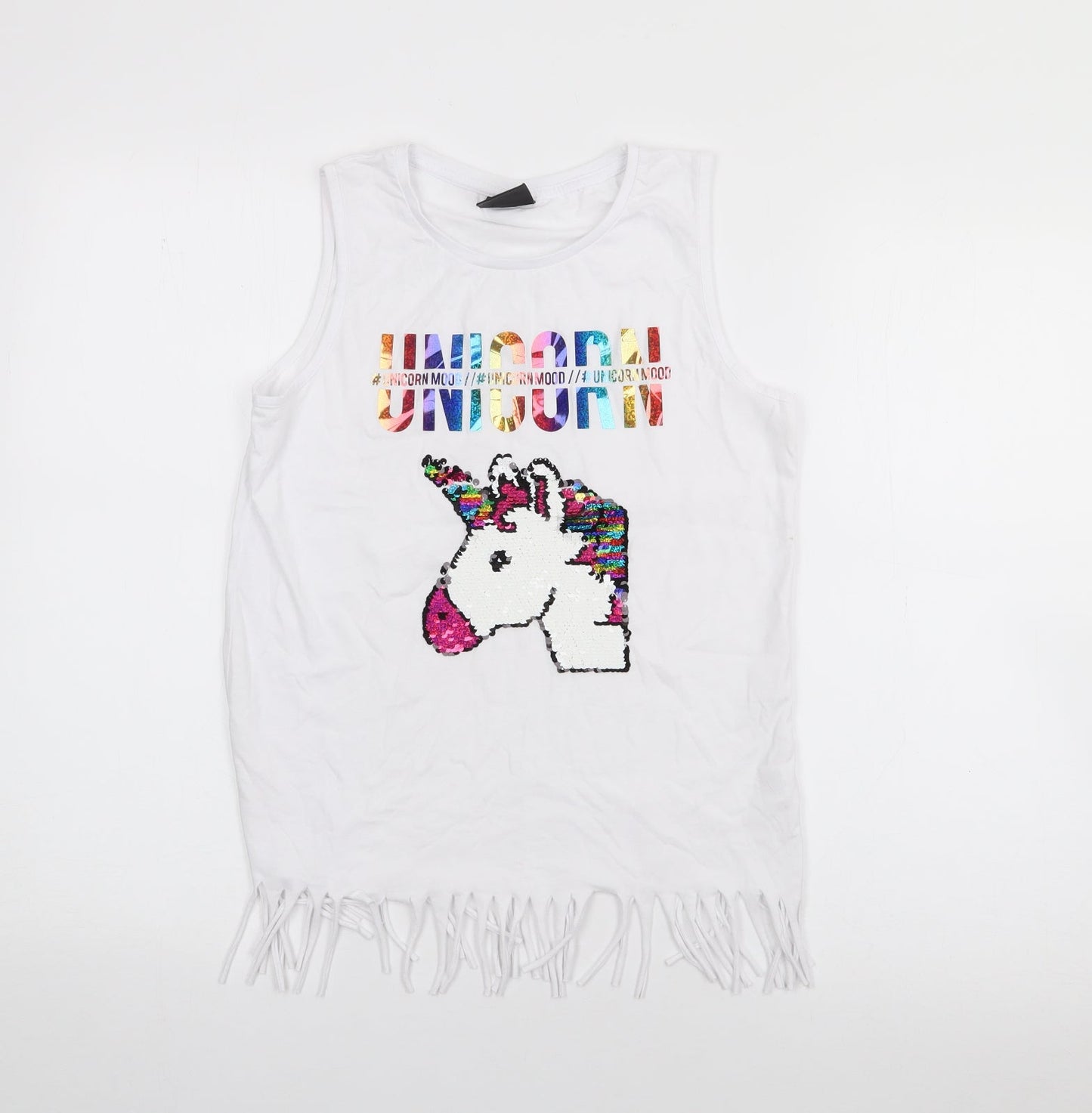 Primark Girls White  Cotton Camisole Tank Size 11-12 Years Scoop Neck  - Unicorn