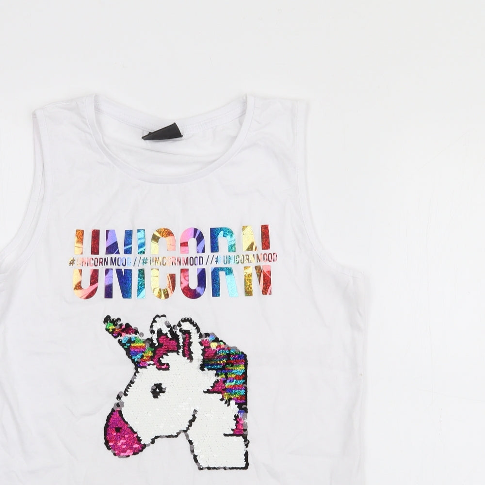 Primark Girls White  Cotton Camisole Tank Size 11-12 Years Scoop Neck  - Unicorn
