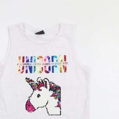 Primark Girls White  Cotton Camisole Tank Size 11-12 Years Scoop Neck  - Unicorn