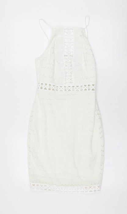 Topshop Womens Ivory  Nylon Pencil Dress  Size 8  Square Neck Hook & Loop