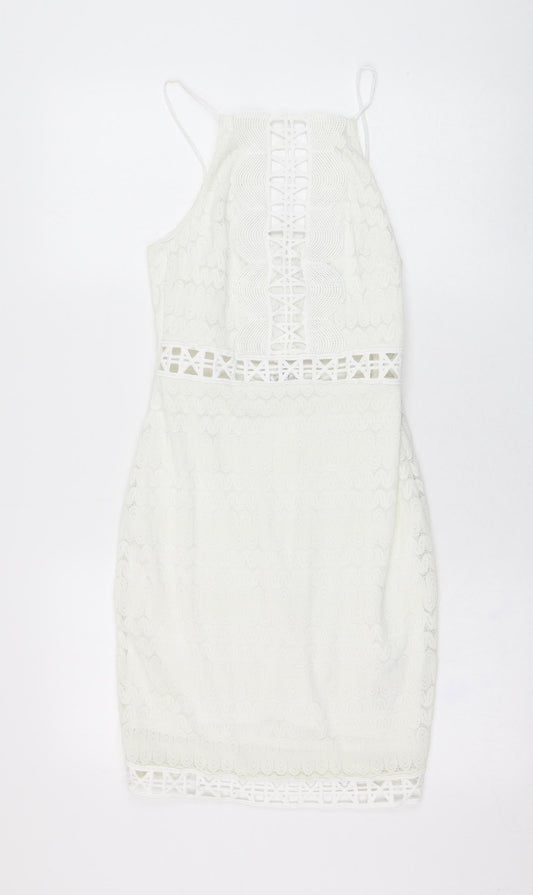 Topshop Womens Ivory  Nylon Pencil Dress  Size 8  Square Neck Hook & Loop