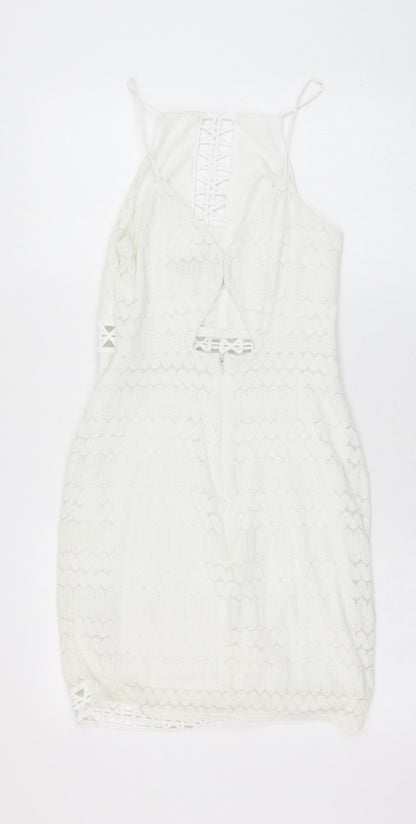 Topshop Womens Ivory  Nylon Pencil Dress  Size 8  Square Neck Hook & Loop