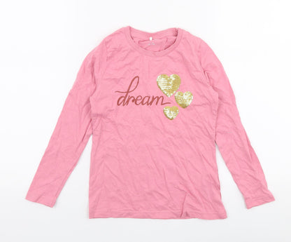 name it Girls Pink  100% Cotton Jersey T-Shirt Size 7-8 Years Round Neck Pullover - Dream