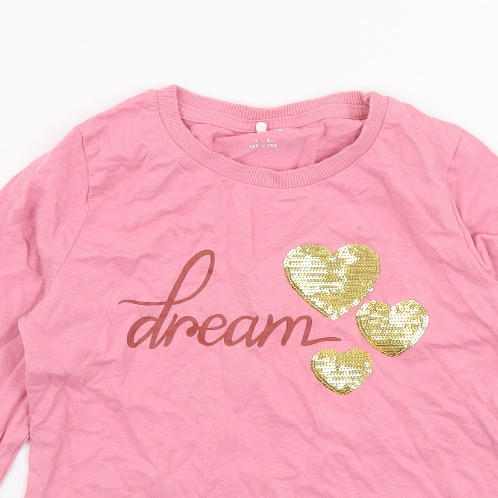 name it Girls Pink  100% Cotton Jersey T-Shirt Size 7-8 Years Round Neck Pullover - Dream