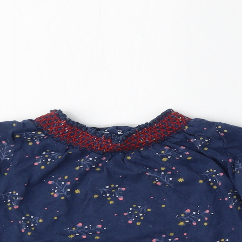 F&F Girls Blue Floral Cotton Basic T-Shirt Size 9-12 Months Round Neck