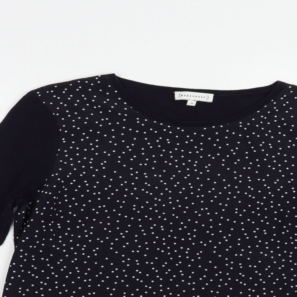 Warehouse Womens Blue Crew Neck Polka Dot Cotton Pullover Jumper Size 10