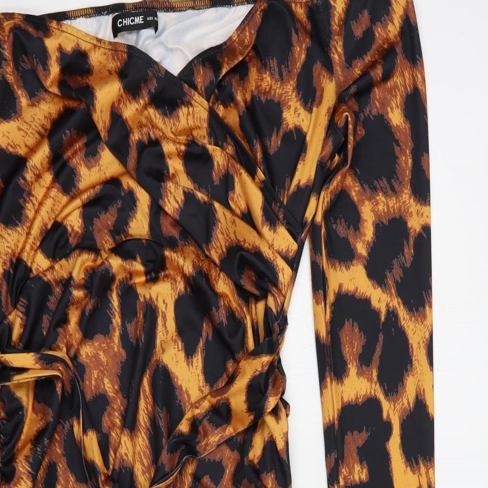CHICME Womens Orange Animal Print Cotton Bodycon  Size XL  Off the Shoulder Pullover