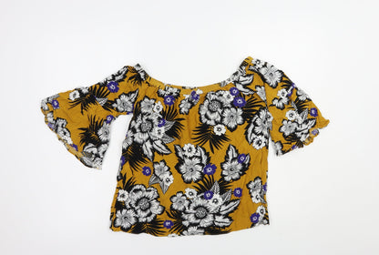 Papaya Womens Yellow Floral Viscose Basic Blouse Size 10 Off the Shoulder