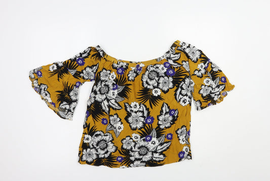 Papaya Womens Yellow Floral Viscose Basic Blouse Size 10 Off the Shoulder