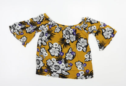 Papaya Womens Yellow Floral Viscose Basic Blouse Size 10 Off the Shoulder