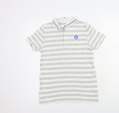 F&F Boys Grey Striped Cotton Pullover Polo Size 11-12 Years Collared Button