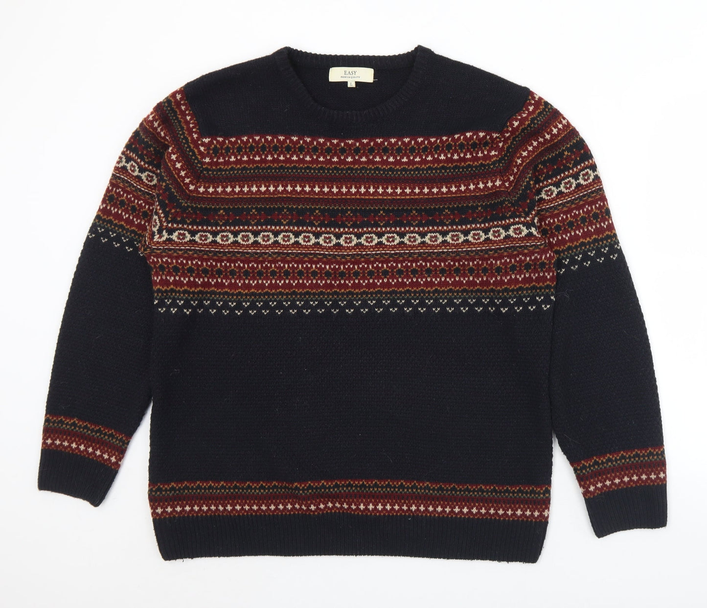 Easy Mens Black Crew Neck Geometric Acrylic Pullover Jumper Size L