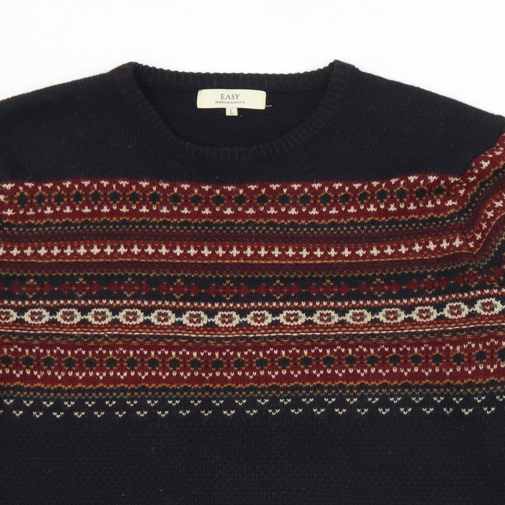 Easy Mens Black Crew Neck Geometric Acrylic Pullover Jumper Size L