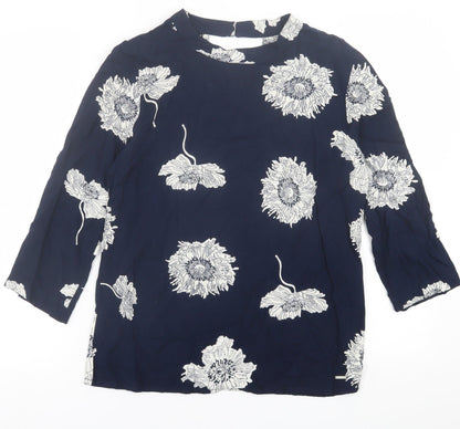 Quiosque Womens Blue Floral Viscose Basic T-Shirt Size 8 Crew Neck