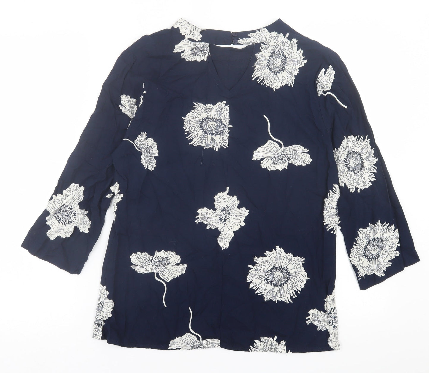 Quiosque Womens Blue Floral Viscose Basic T-Shirt Size 8 Crew Neck