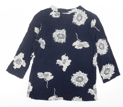 Quiosque Womens Blue Floral Viscose Basic T-Shirt Size 8 Crew Neck