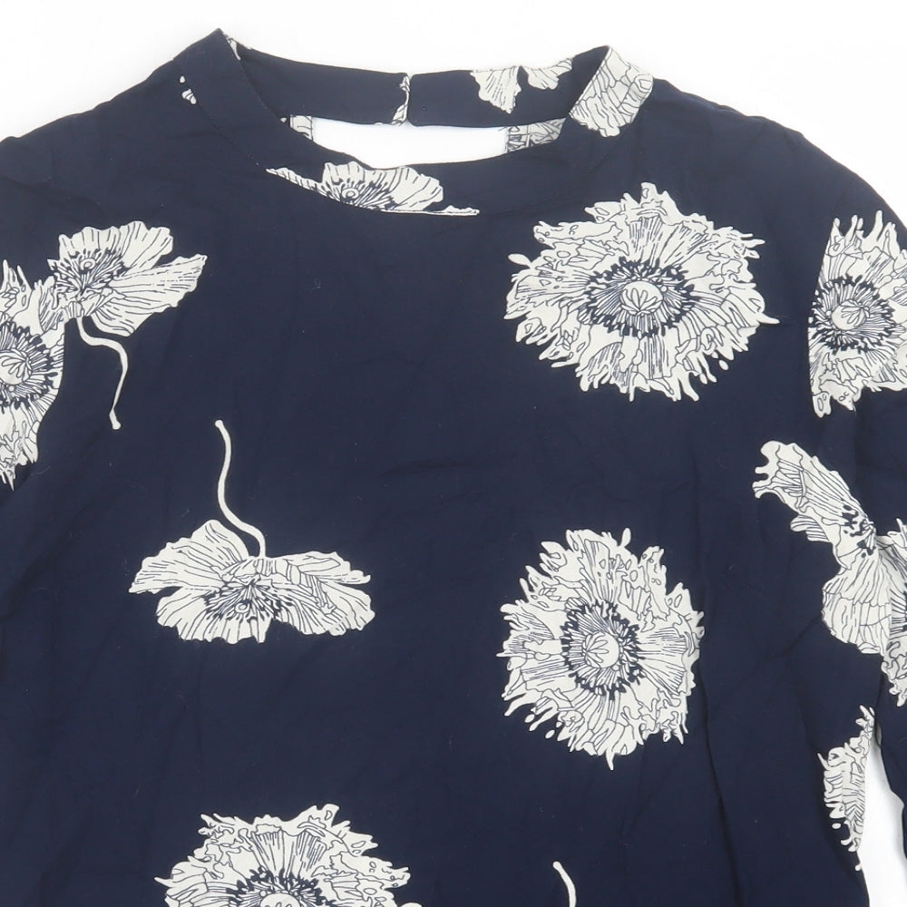 Quiosque Womens Blue Floral Viscose Basic T-Shirt Size 8 Crew Neck