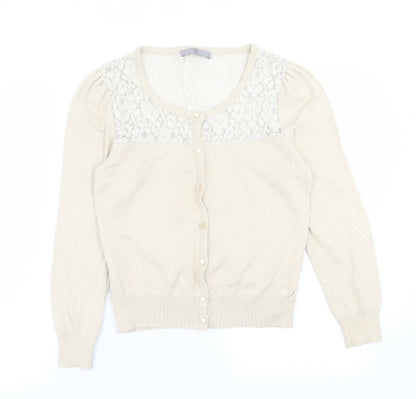 TU Womens Beige Crew Neck Floral Acrylic Cardigan Jumper Size 10