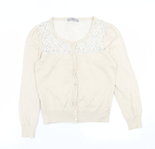 TU Womens Beige Crew Neck Floral Acrylic Cardigan Jumper Size 10