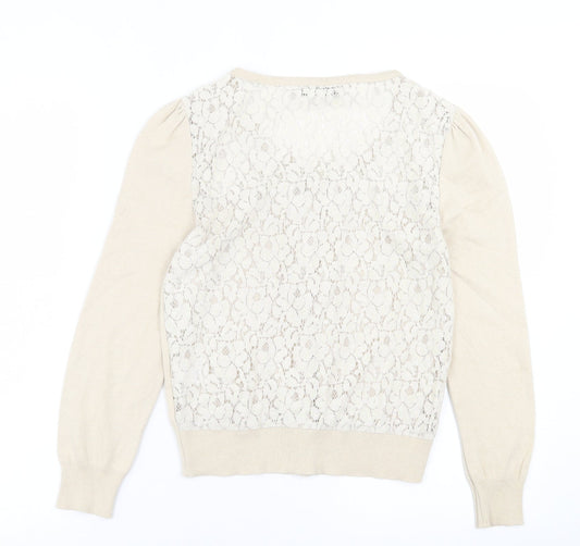 TU Womens Beige Crew Neck Floral Acrylic Cardigan Jumper Size 10