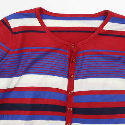 Mystify Womens Red Round Neck Striped Acrylic Cardigan Jumper Size L   - Blue