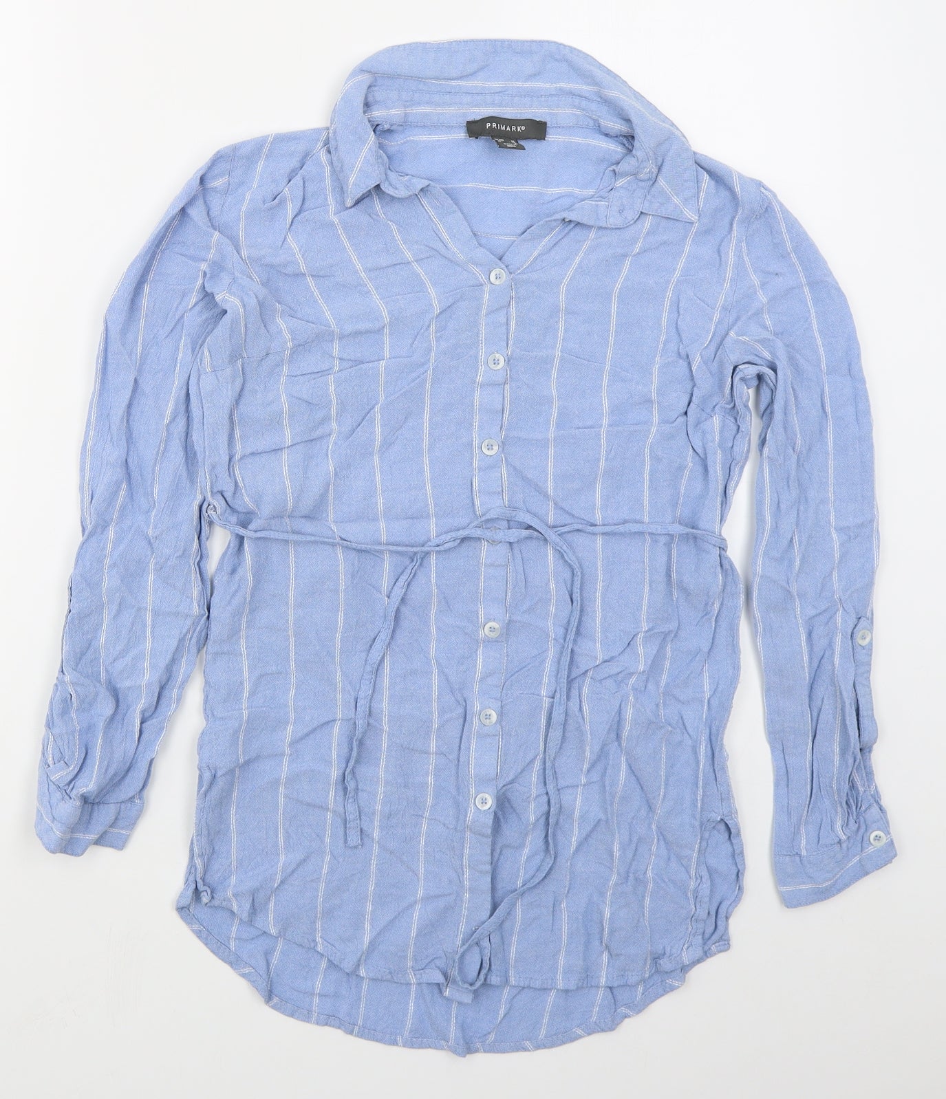 Primark Womens Blue Striped Viscose Basic Button-Up Size 10 Collared