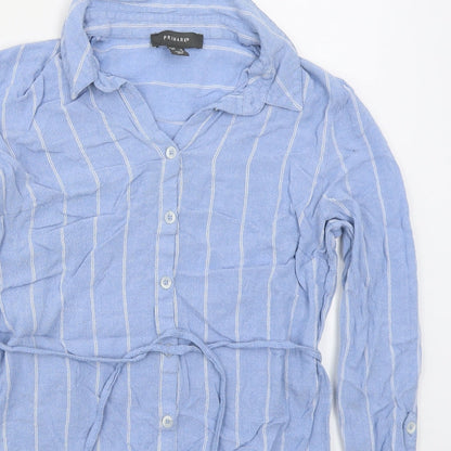 Primark Womens Blue Striped Viscose Basic Button-Up Size 10 Collared