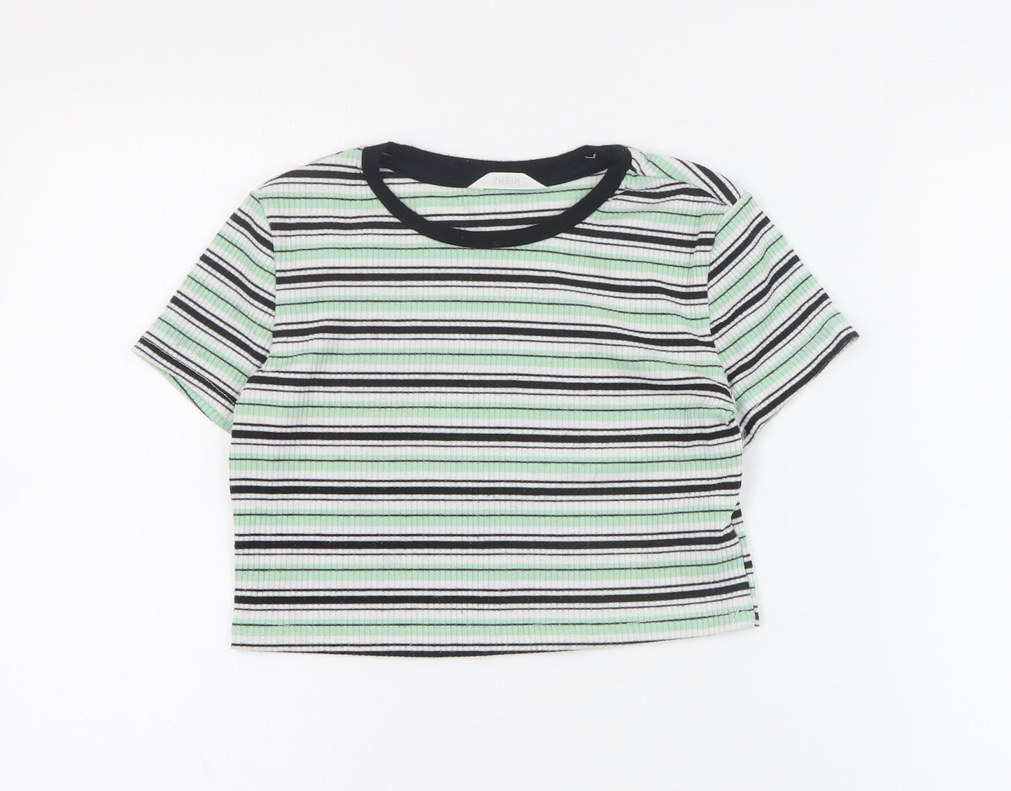 SheIn Girls Green Striped Cotton Basic T-Shirt Size 12 Years Round Neck Pullover - Ribbed