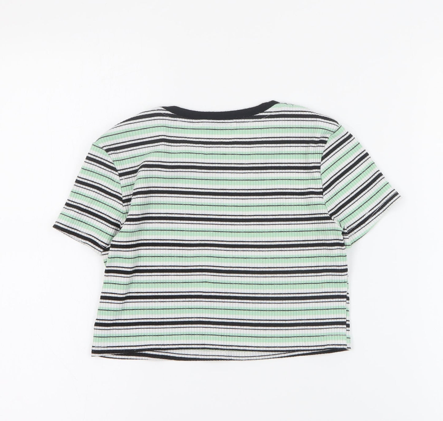 SheIn Girls Green Striped Cotton Basic T-Shirt Size 12 Years Round Neck Pullover - Ribbed