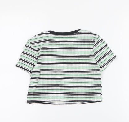 SheIn Girls Green Striped Cotton Basic T-Shirt Size 12 Years Round Neck Pullover - Ribbed