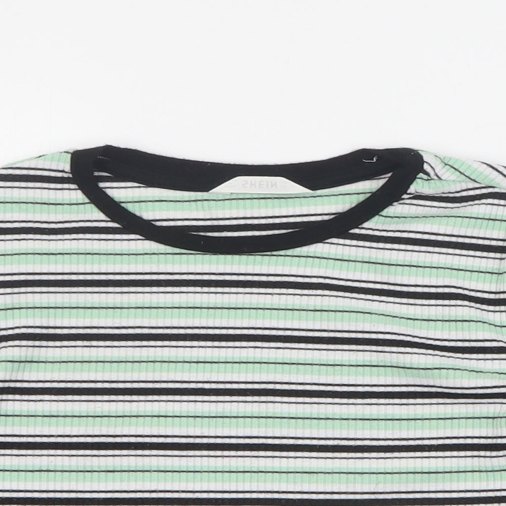 SheIn Girls Green Striped Cotton Basic T-Shirt Size 12 Years Round Neck Pullover - Ribbed