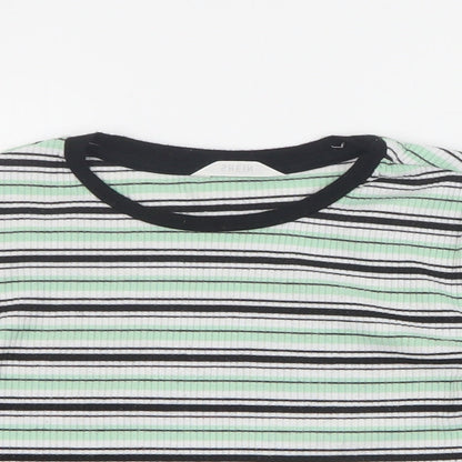 SheIn Girls Green Striped Cotton Basic T-Shirt Size 12 Years Round Neck Pullover - Ribbed
