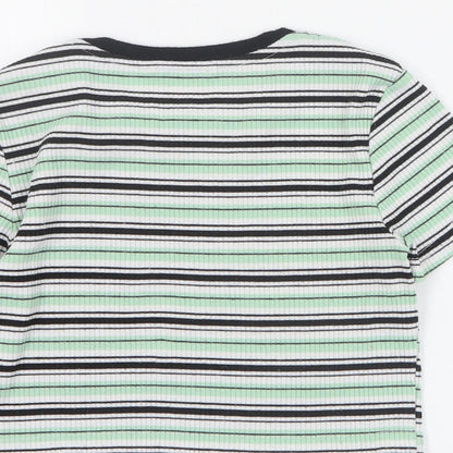 SheIn Girls Green Striped Cotton Basic T-Shirt Size 12 Years Round Neck Pullover - Ribbed