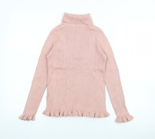 Marks and Spencer Girls Pink Roll Neck  Cotton Pullover Jumper Size 9-10 Years
