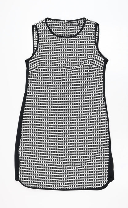 Dunnes Stores Womens Black Geometric Polyester Shift  Size 10  Round Neck Zip
