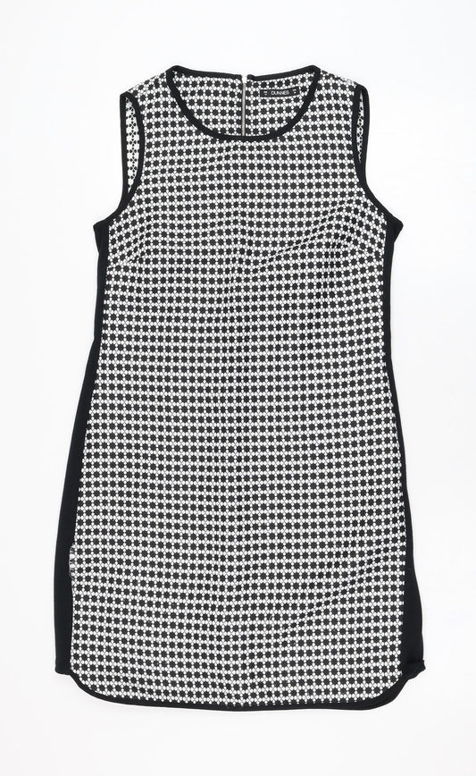 Dunnes Stores Womens Black Geometric Polyester Shift  Size 10  Round Neck Zip