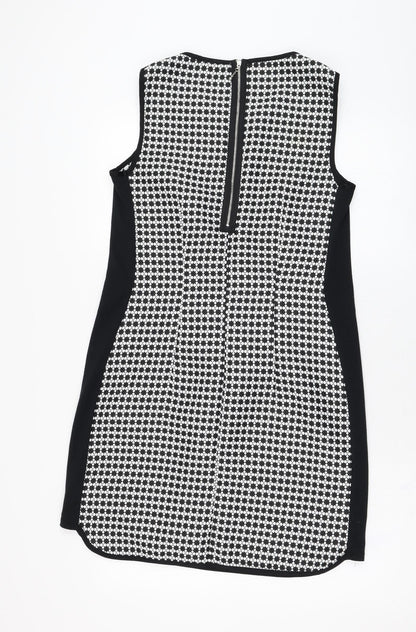 Dunnes Stores Womens Black Geometric Polyester Shift  Size 10  Round Neck Zip