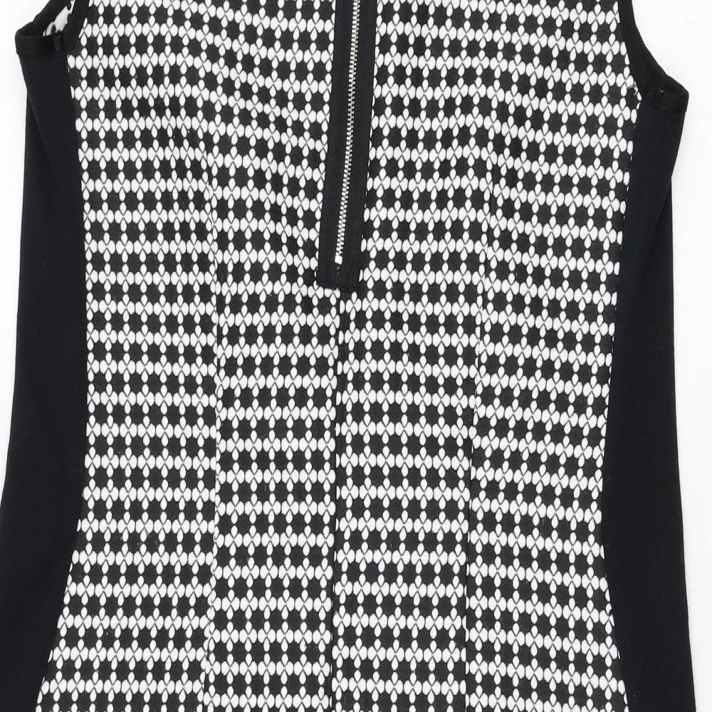 Dunnes Stores Womens Black Geometric Polyester Shift  Size 10  Round Neck Zip