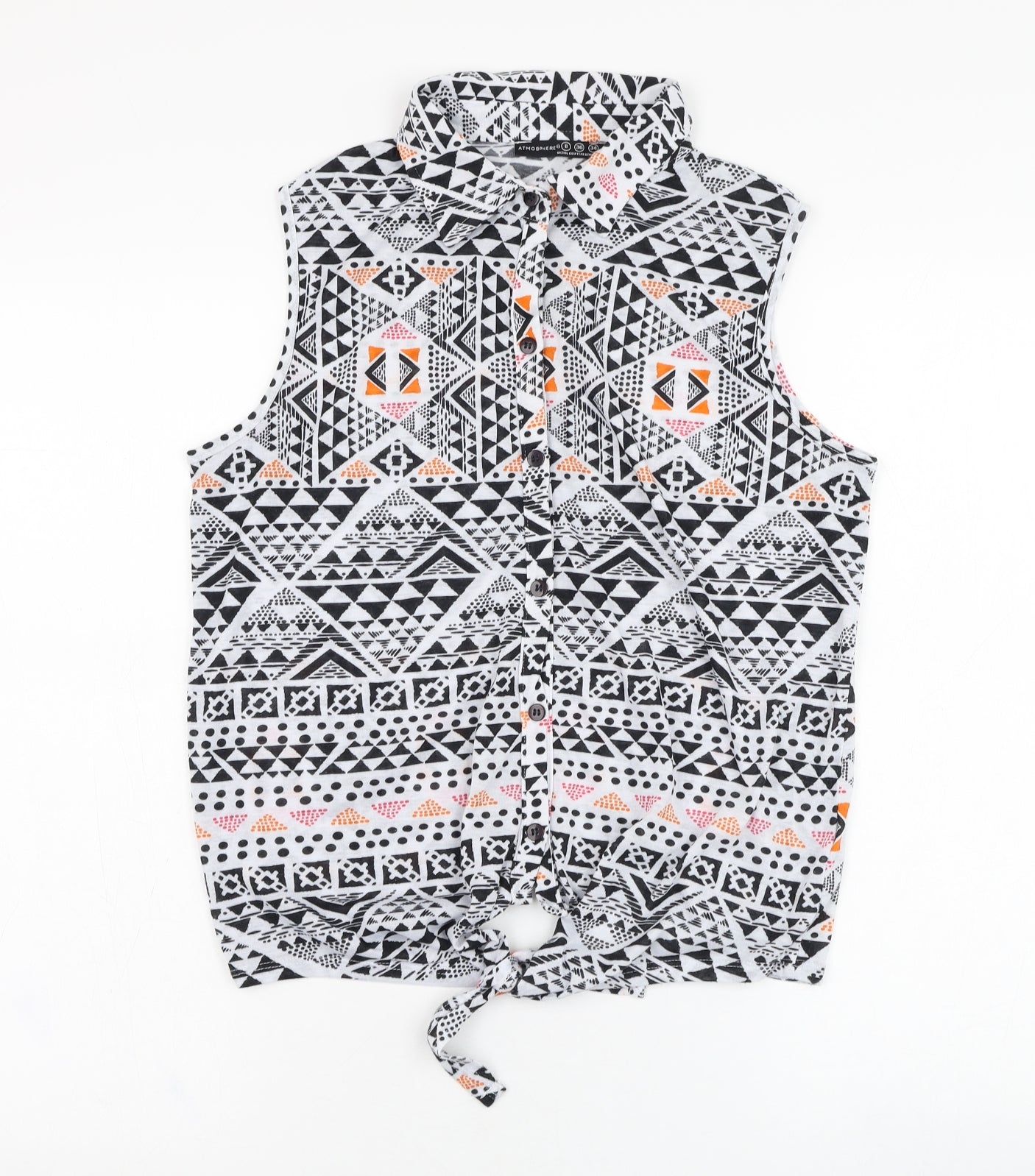 Atmosphere Womens White Geometric Polyester Basic Button-Up Size 8 Collared