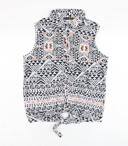 Atmosphere Womens White Geometric Polyester Basic Button-Up Size 8 Collared