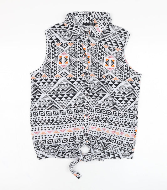 Atmosphere Womens White Geometric Polyester Basic Button-Up Size 8 Collared