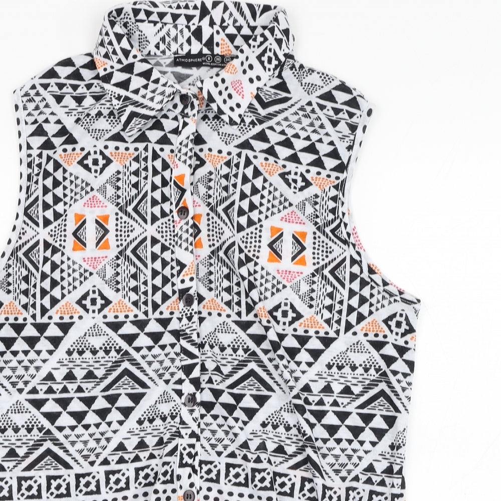 Atmosphere Womens White Geometric Polyester Basic Button-Up Size 8 Collared