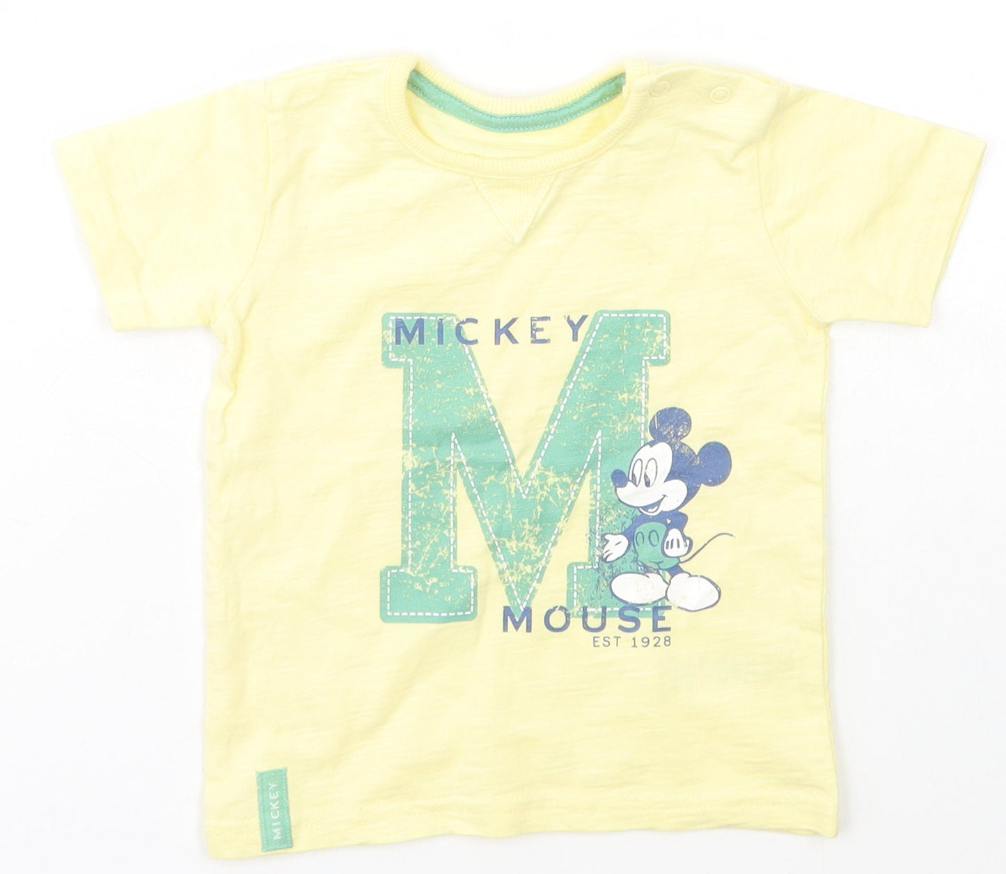 George Boys Yellow  Cotton Basic T-Shirt Size 12 Months Crew Neck Snap - Mickey Mouse Disney