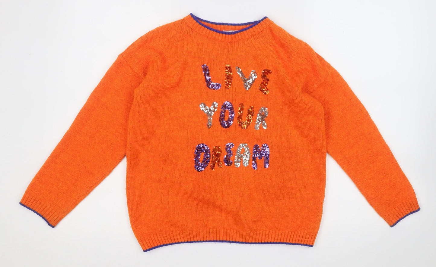 M&Co Girls Orange Round Neck  Acrylic Pullover Jumper Size 9-10 Years   - Live Your Dream,