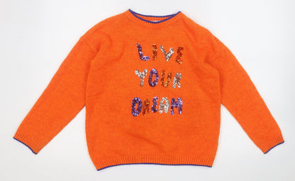M&Co Girls Orange Round Neck  Acrylic Pullover Jumper Size 9-10 Years   - Live Your Dream,